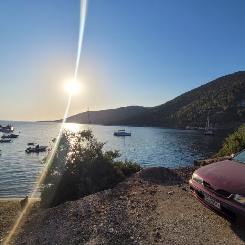 Anchor down in Pevko Bay on Skyros, Greece