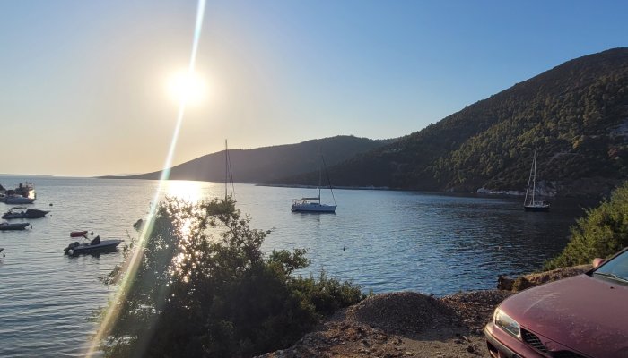 Anchor down in Pevko Bay on Skyros, Greece